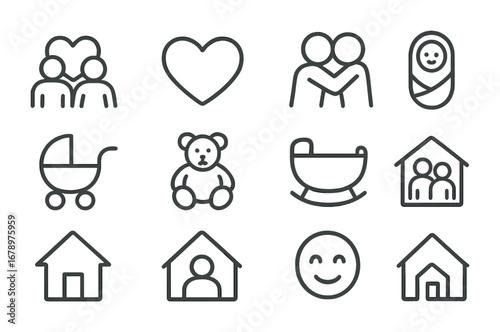 Family Love Icons. Outline icon set of family love: parents, children, house, heart, hug, baby, stroller, toy,