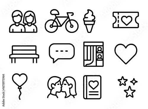 Teen Love Icons. Outline icon set of teenage love: couple, bicycle, ice cream, movie ticket, park bench, chat