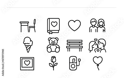 First Love Icons. Outline icon set of first love: school desk, diary, doodle heart, couple, ice cream, teddy