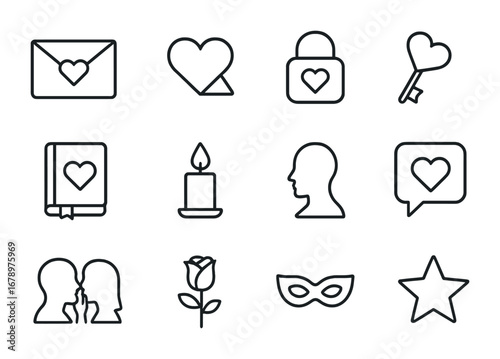 Secret Love Icons. Outline icon set of secret love: envelope, hidden heart, lock, key, diary, candle,