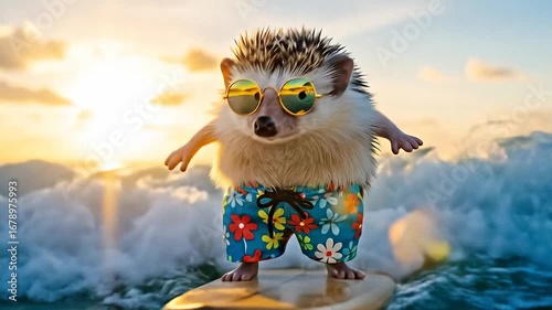 Funny Hedgehog Surfing Big Ocean Wave in Sunglasses. Cute Hedgehog on Surfboard Riding Summer Waves. 