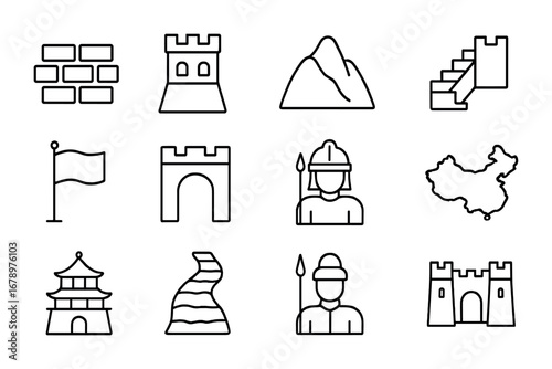 Great Wall Icon Set. Outline icon set of Great Wall of China: wall bricks, watchtower, mountain, steps, flag,