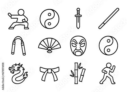 Chinese Martial Arts Icons. Outline icon set of Chinese martial arts: kung fu stance, tai chi symbol, sword,