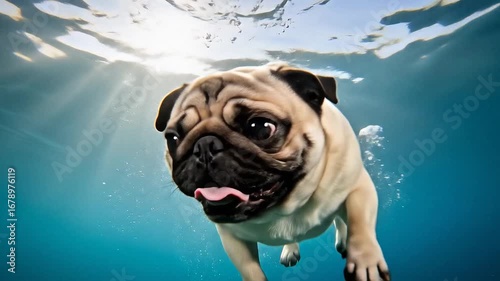 Funny Pug Swimming Underwater in Clear Blue Ocean. Cute Dog Diving and Playing Underwater in Summer