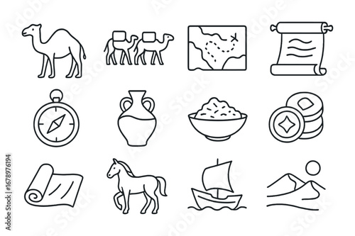 Silk Road Icon Set. Outline icon set of Silk Road: camel, caravan, map, scroll, compass, pottery, spices, coin
