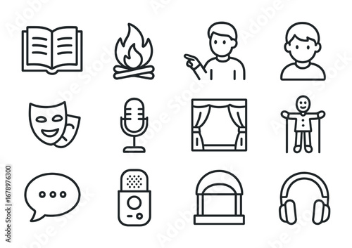 Storytelling Icon Set. Outline icon set of storytelling: open book, campfire, storyteller, child, mask,