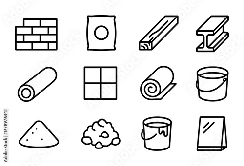 Building Materials Icons. Outline icon set of building materials: brick, cement bag, wooden plank, steel beam,