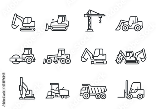 Heavy Machinery Icons. Outline icon set of heavy machinery: excavator, bulldozer, crane, loader, road roller,