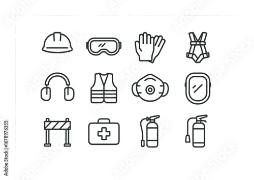 Safety Equipment Icons. Outline icon set of safety equipment: helmet, goggles, gloves, boots, ear protection,