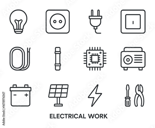 Electrical Icons Grid. Outline icon set of electrical work: light bulb, outlet, plug, switch, wire, fuse,