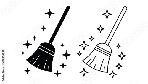 Black and white icons of a broom and sparkling stars for cleaning and shine sparkle