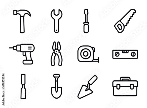 Construction Tools Icons. Outline icon set of construction tools: hammer, wrench, screwdriver, saw, drill,