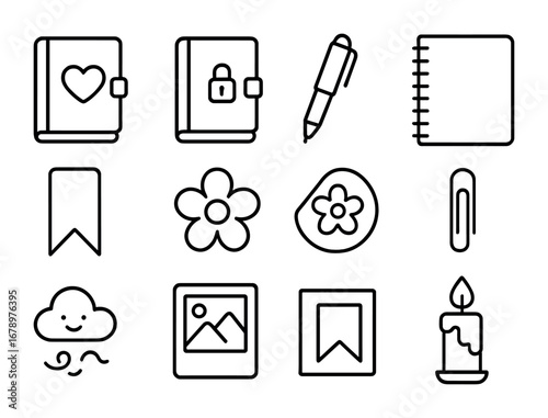 Journal Accessories Icons. Outline icon set of personal journals: diary, lock, pen, notebook, ribbon, flower,