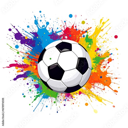 Colorful soccer ball surrounded by vibrant paint splatters