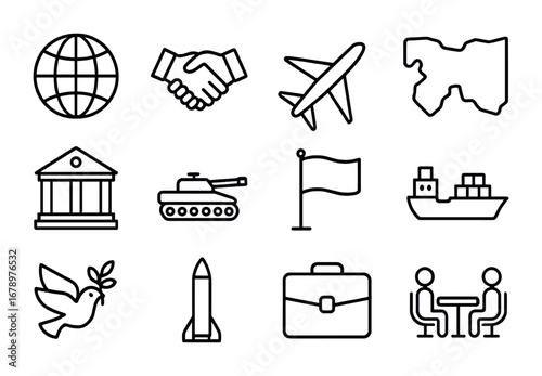 Foreign Policy Icons. Outline icon set of foreign policy: globe, handshake, airplane, map, embassy, military