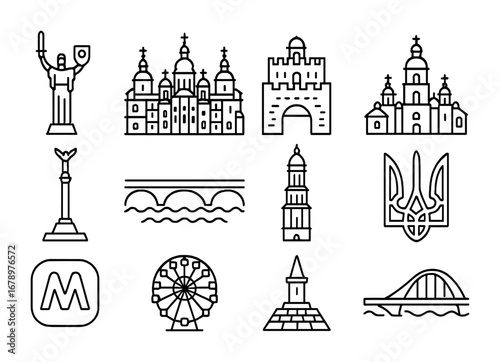 Kyiv Landmarks Icons. Outline icon set of Kyiv landmarks: Motherland monument, Saint Sophia Cathedral, Golden