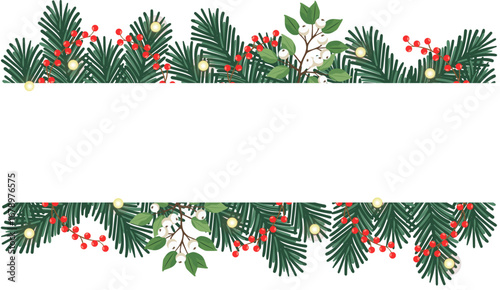Vector Christmas banner with fir branches, mistletoe, holly berries (Ilex aquifolium)