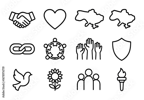 Ukrainian Unity Icons. Outline icon set of Ukrainian unity: handshake, heart, map of Ukraine, chain link,
