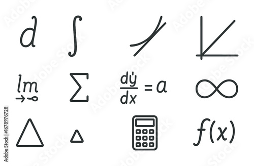 Calculus Icon Set. Outline icon set of calculus: derivative symbol, integral sign, curve, tangent line, slope,