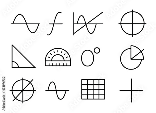 Trigonometry Icons Grid. Outline icon set of trigonometry: sine wave, cosine curve, tangent line, unit circle,