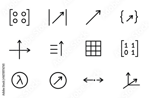 Linear Algebra Icon Set. Outline icon set of linear algebra: matrix, determinant symbol, vector arrow, vector