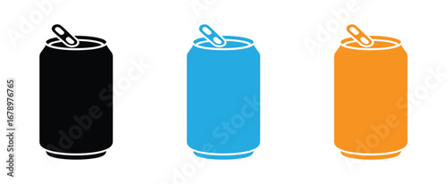 Soda can icon vector in thin line and flat style with editable stroke on white background. Dented soda cans icons set,Refreshing drink cans in bold colors, clean design,