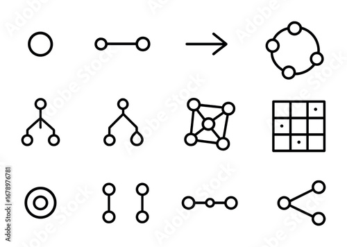 Graph Theory Icons. Outline icon set of graph theory: node, edge, directed arrow, cycle, tree, spanning tree,