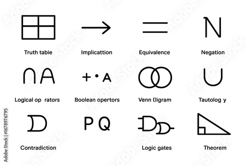 Mathematical Logic Icons. Outline icon set of mathematical logic: truth table, implication arrow, equivalence,