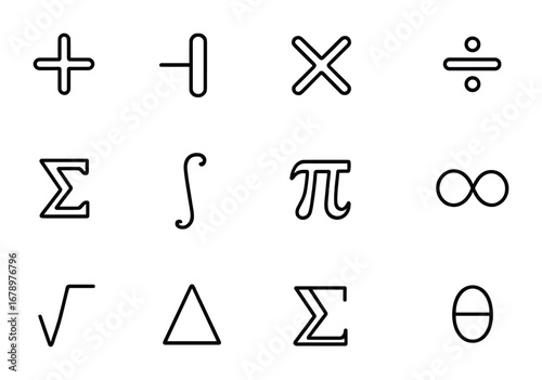 Math Symbol Icons. Outline icon set of math symbols: plus, minus, multiplication, division, summation,