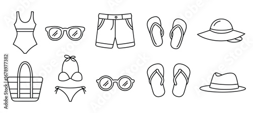Collection of Summer Beach Clothing and Accessories Icons in Outline vacation holiday