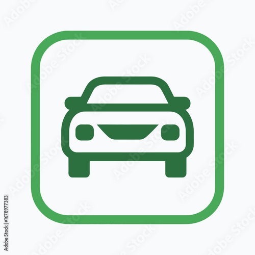 A simple green car icon in a rounded square, representing automotive themes, transportation, and vehicle services on a white background