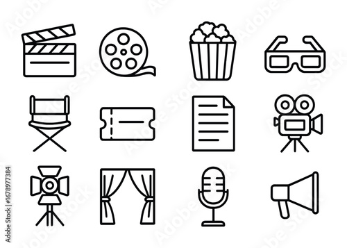 Cinematic Icons Set. Outline icon set of Cinematic icons: clapperboard, film reel, popcorn, 3D glasses,