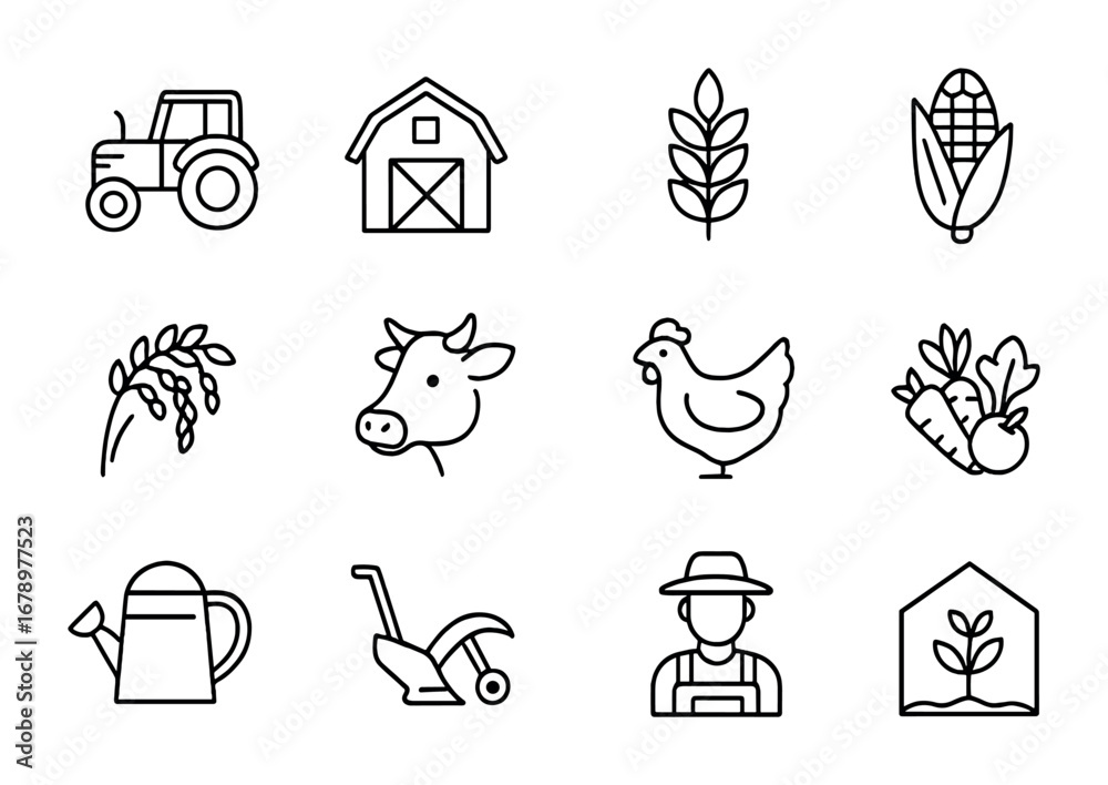 Naklejka premium Sustainable Farming Icons. Outline icon set of Sustainable farming: tractor, barn, wheat, corn, rice, cow,