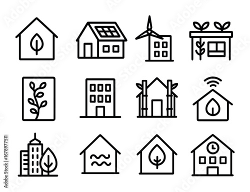 Eco Building Icons Grid. Outline icon set of Green buildings: eco house, solar roof, wind-powered building,