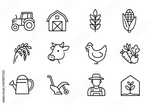 Sustainable Farming Icons. Outline icon set of Sustainable farming: tractor, barn, wheat, corn, rice, cow,