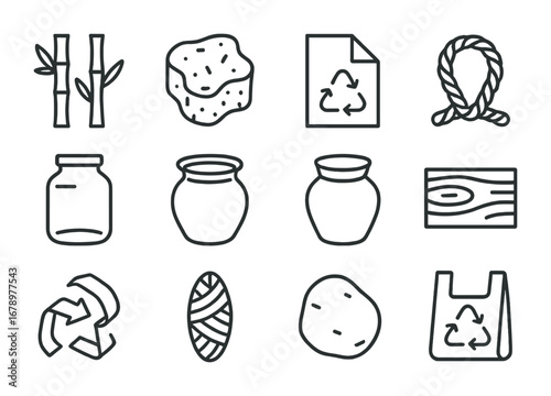 Renewable Materials Icons. Outline icon set of Renewable materials: bamboo, cork, recycled paper, hemp rope,
