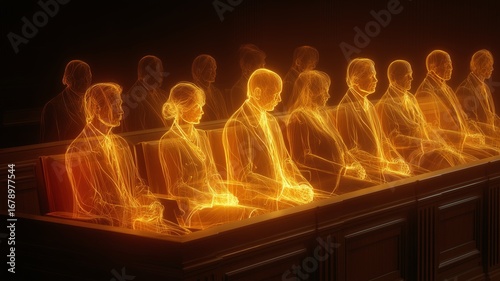 Futuristic courtroom with holographic jurors and advanced AI technology in legal proceedings
