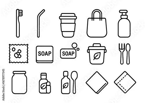 Zero Waste Icons. Outline icon set of Zero waste lifestyle: bamboo toothbrush, metal straw, reusable cup,