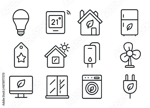 Energy Efficiency Icons. Outline icon set of Energy efficiency: LED bulb, smart thermostat, insulated home,