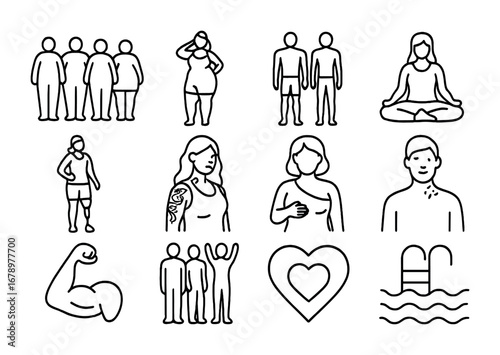 Diverse Body Icons. Outline icon set of Body diversity: different body shapes, plus-size model, fitness
