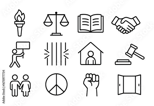 Human Rights Icons. Outline icon set of Human rights: freedom torch, equality balance, open book, handshake,