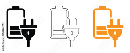 battery charging icon with a plug, isolated on white background, representing energy, power, and electrical connection for mobile devices and electronic gadgets in a simple design