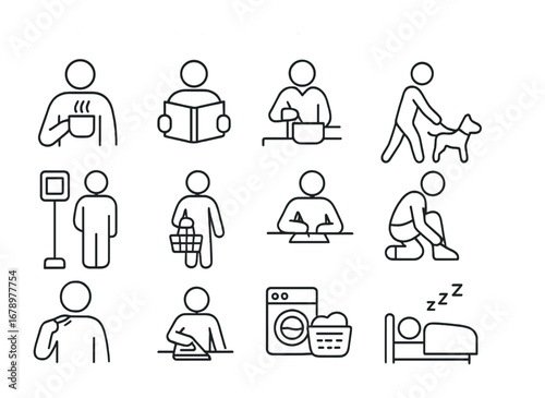 Everyday Life Icons. Outline icon set of Everyday life moments: morning coffee, reading a book, cooking dinner