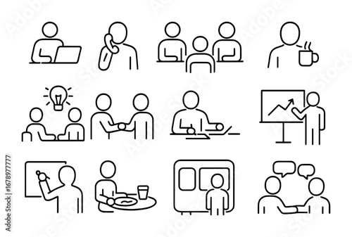 Workday Icon Set. Outline icon set of Workday moments: typing on laptop, phone call, team meeting, coffee