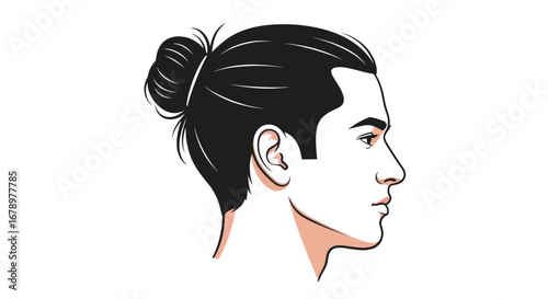 Man with Topknot Hairstyle Profile View.