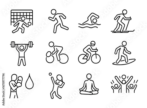 Sport Icon Set. Outline icon set of Sports moments: scoring goal, running, lifting weights, swimming, cycling,