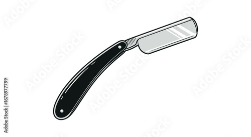 Vintage straight razor with black handle illustration isolated on white.