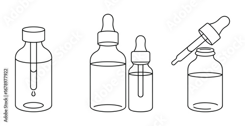Dropper Bottles Serum Essential Oil Cosmetics Skincare Product Packaging Line Art vector illustration