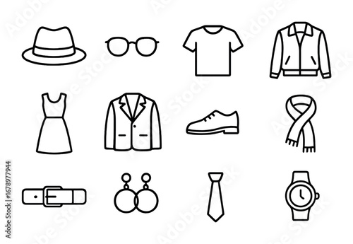 Fashion Icon Grid. Outline icon set of Fashion and style: hat, glasses, t-shirt, jacket, dress, suit, shoes,