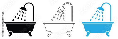 Bathtub shower icon set in line, solid style. black icon of a bathtub, representing bathroom or relaxation facilities. Clean bath with running shower water icons,vector illustration.